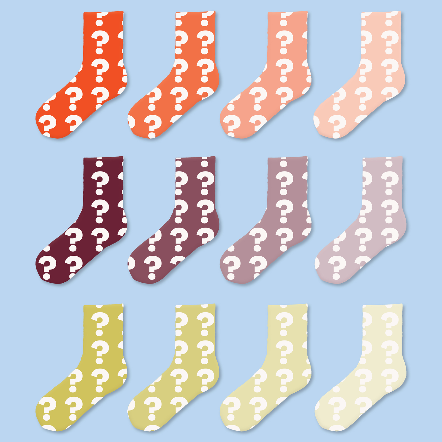 A grid of twelve sock silhouettes arranged in three rows against a light blue background. All socks feature a repeating white question mark pattern. The top row shows socks in shades of orange (bright to pale), the middle row displays burgundy to light mauve, and the bottom row shows mustard yellow to cream colors. Each row demonstrates a gradient effect with the same pattern across different color intensities.
