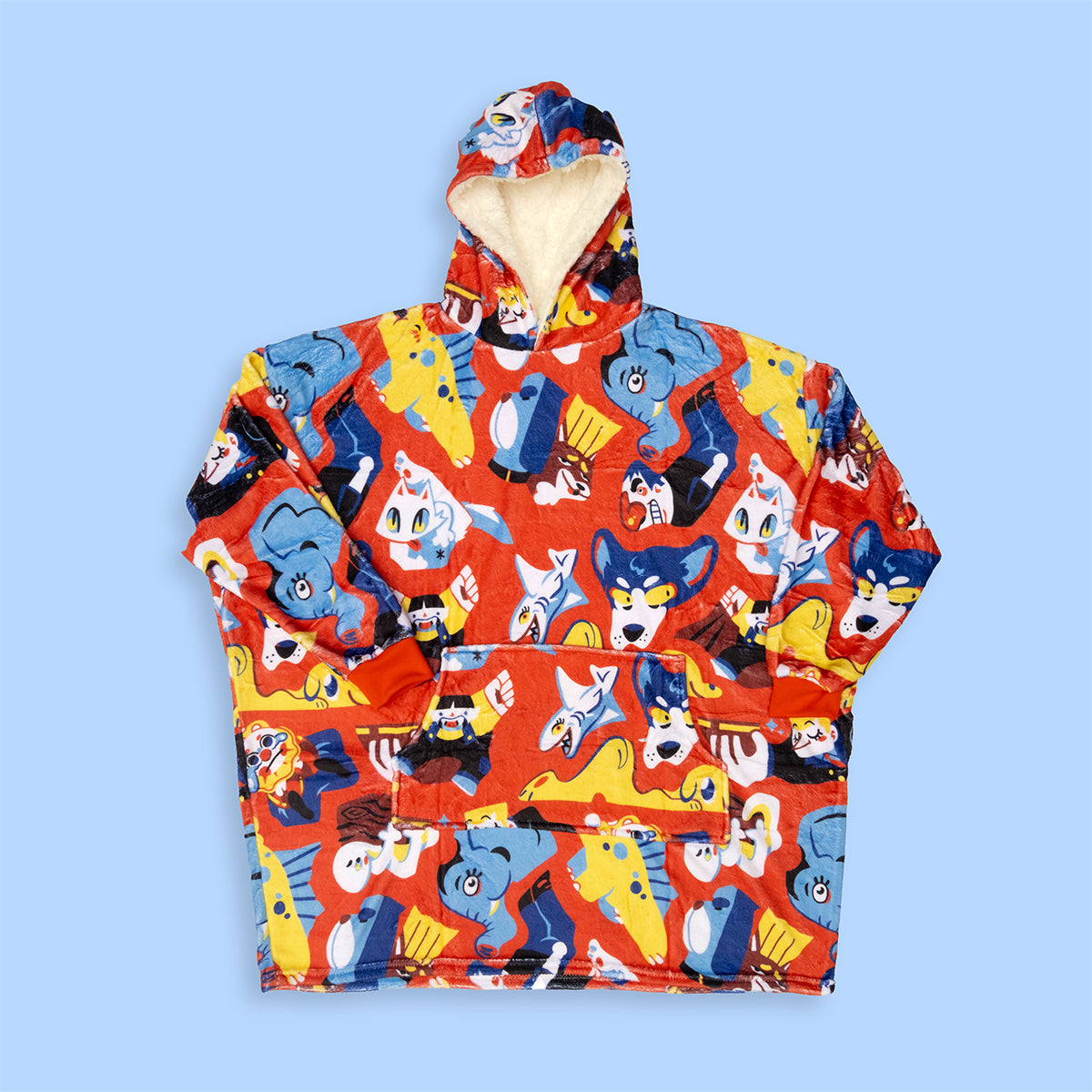 Colorful hoodie with cartoon character pattern on a light blue background