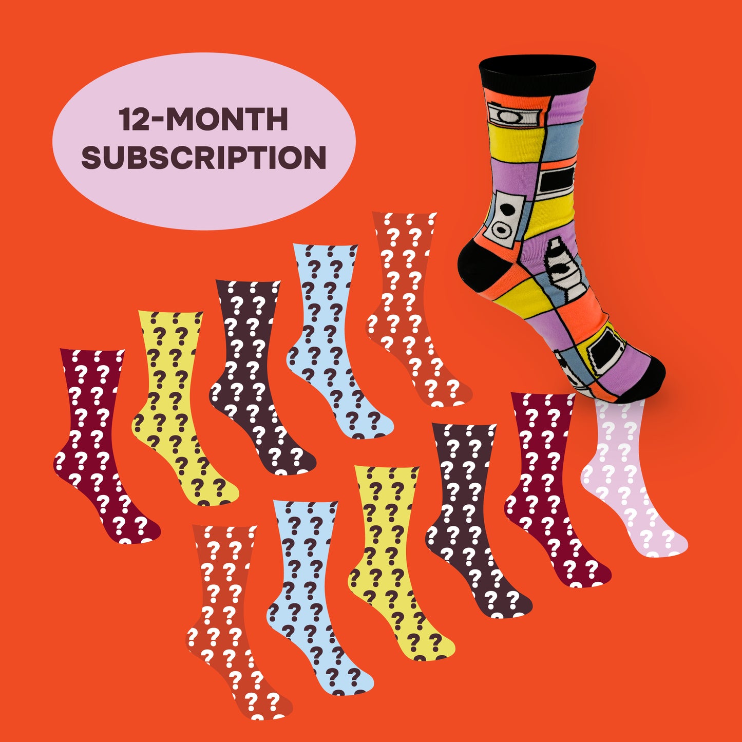 Colorful socks with question mark patterns on an orange background, promoting a 12-month subscription.