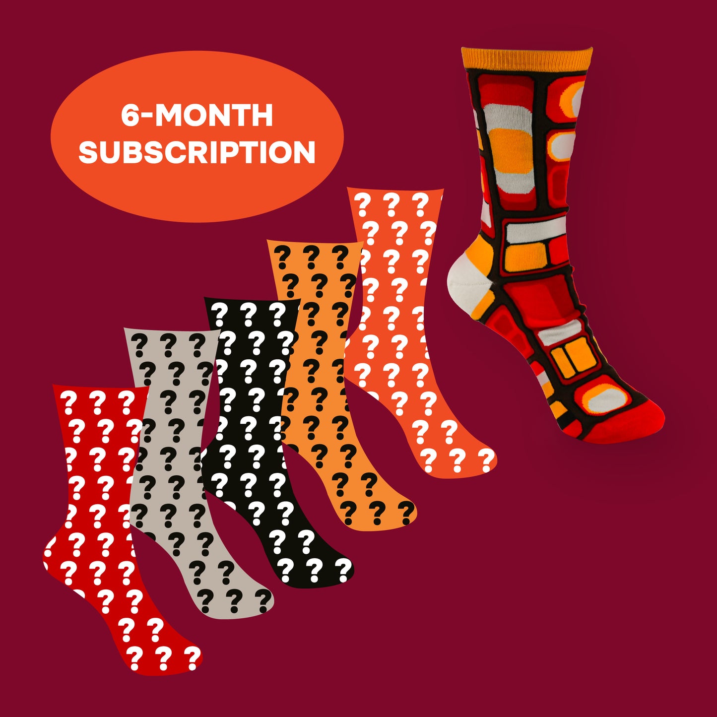 Colorful socks with question marks and a 6-month subscription text on a red background