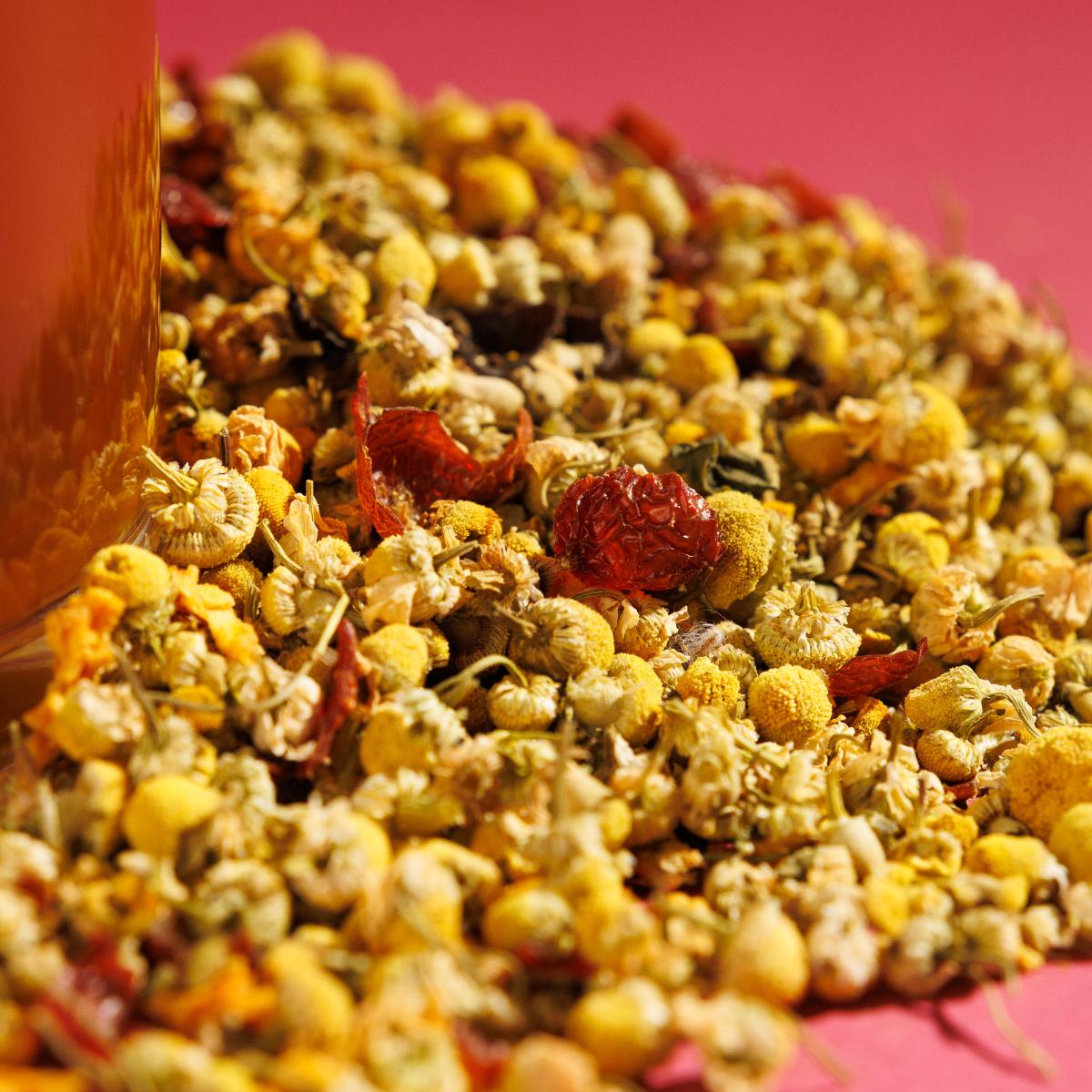 Close up Glowing Gold Chamomile loose herbals.