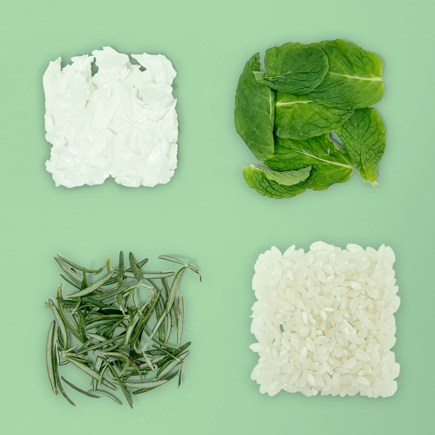 Four different squares of different ingredients that make up the Dew Drop Shampoo Bar.