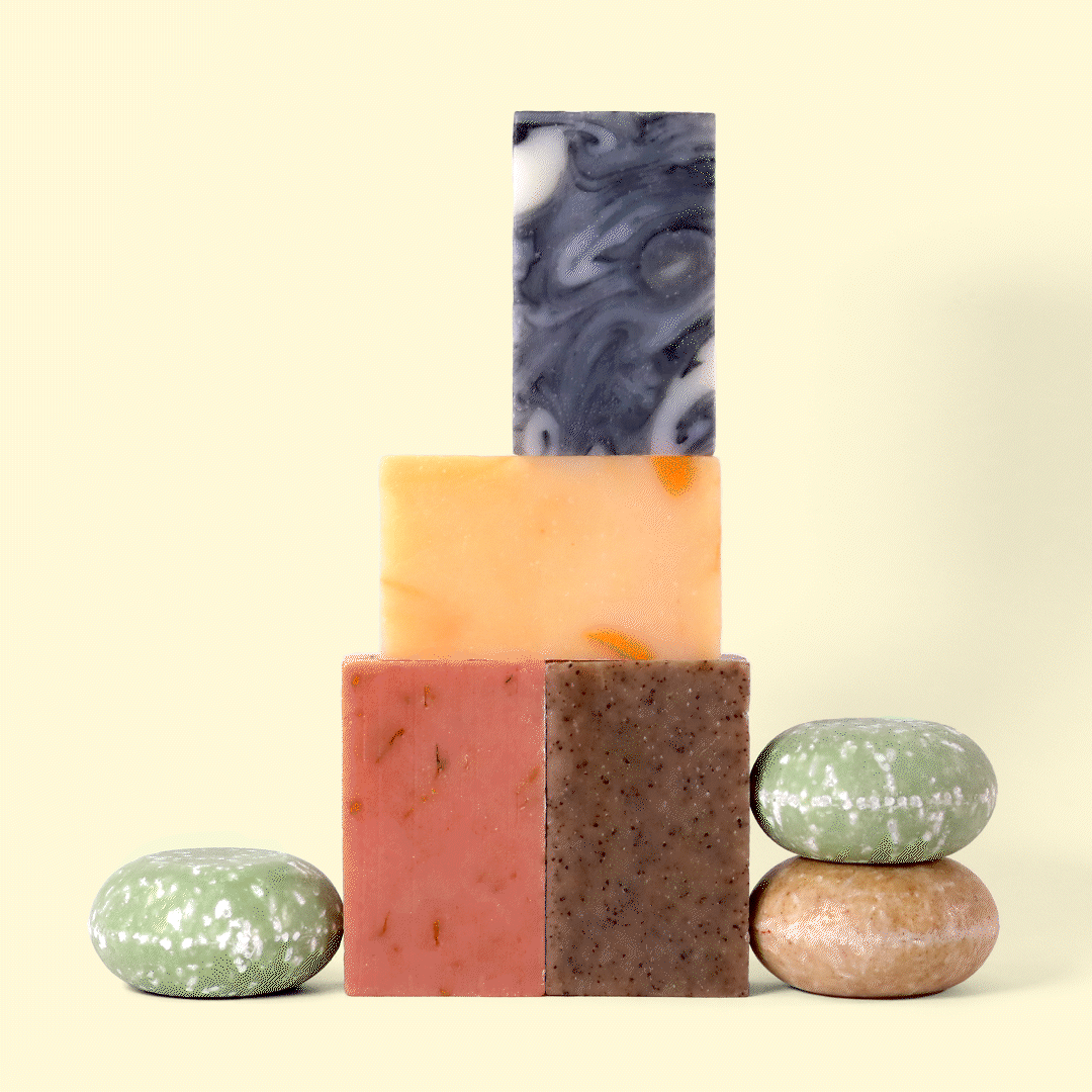 Rotating GIF of Sun Basin Soap and shampoo bars stacked in different formations.
