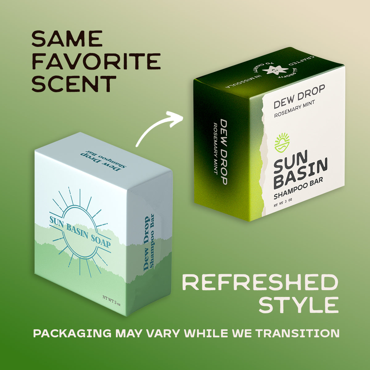 Two Sun Basin Shampoo Bar boxes shown on a green gradient background with promotional text. One box is pale mint green and one is dark green and white, both labeled Dew Drop Rosemary Mint.
