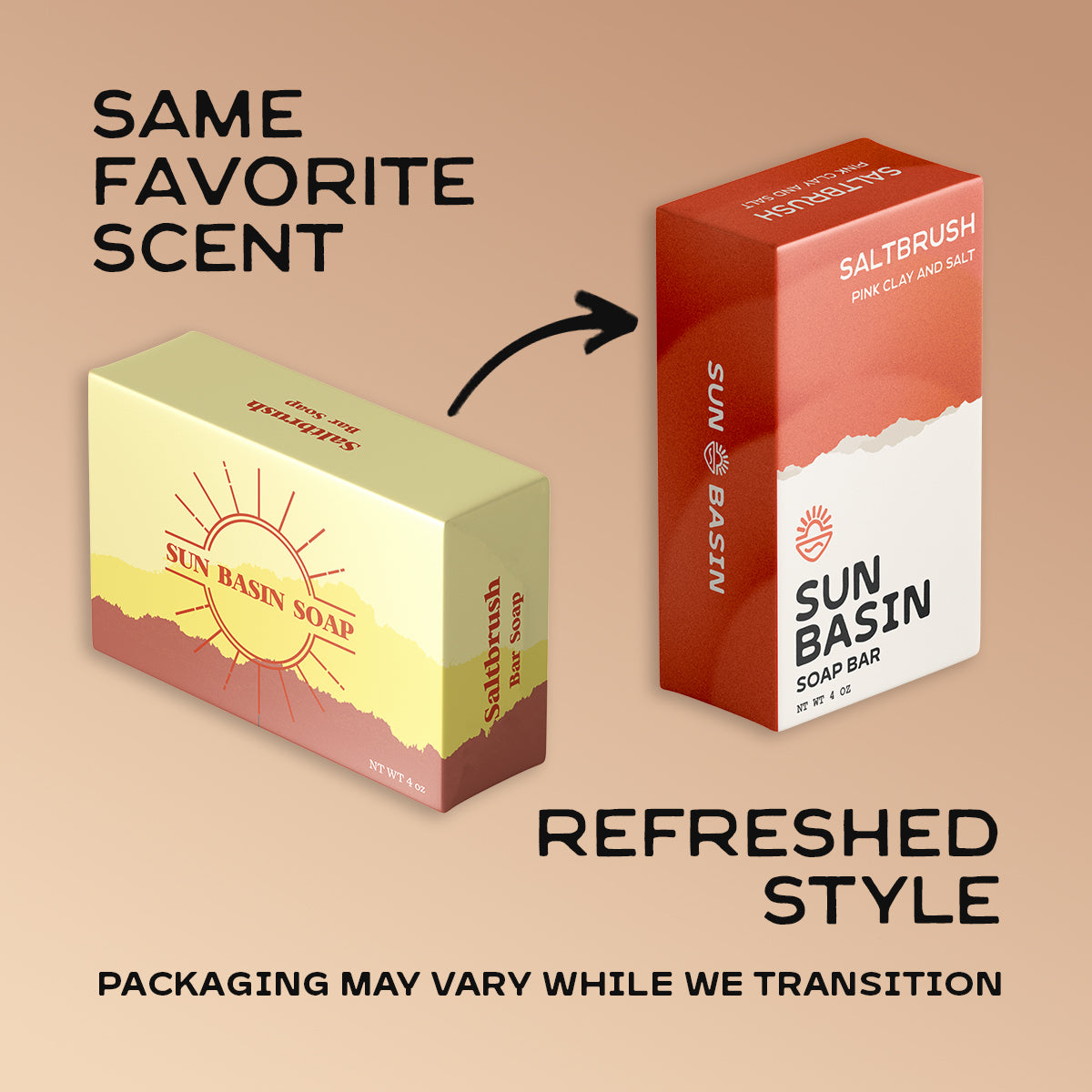 A promotional graphic showing two Sun Basin Soap Bar boxes on a beige background. The left box is pale yellow with a sun graphic and the text 'SAME FAVORITE SCENT'; an arrow points from it to the right box, which is red and white with the text 'REFRESHED STYLE' and 'SALTBRUSH'.