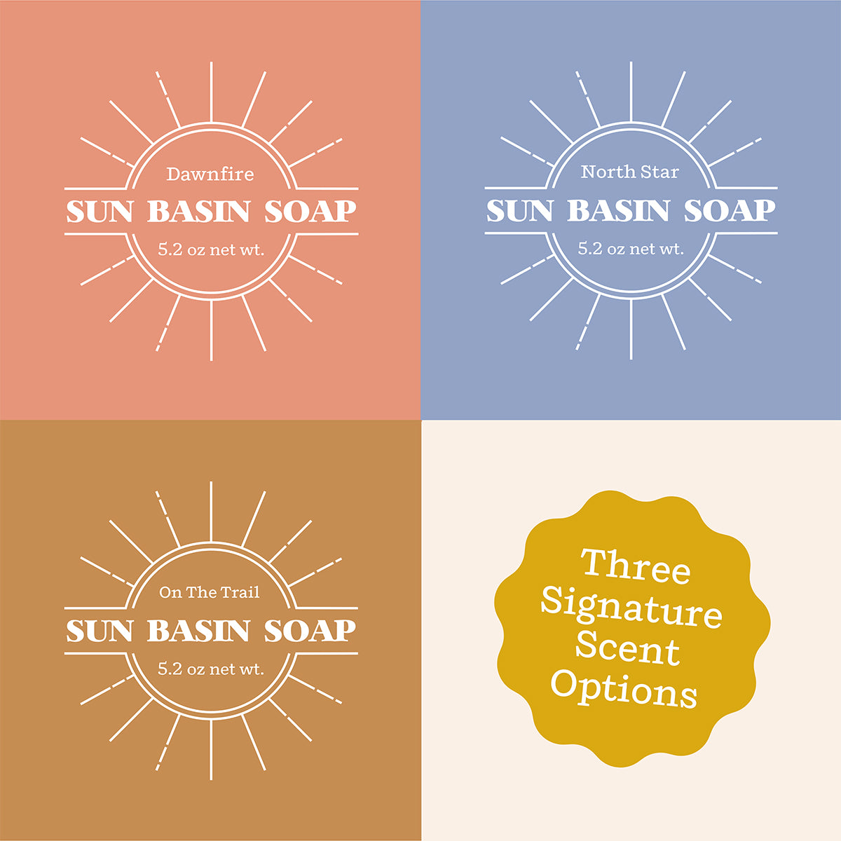 Four Sun Basin Soap labels in different colors with text and sun design.