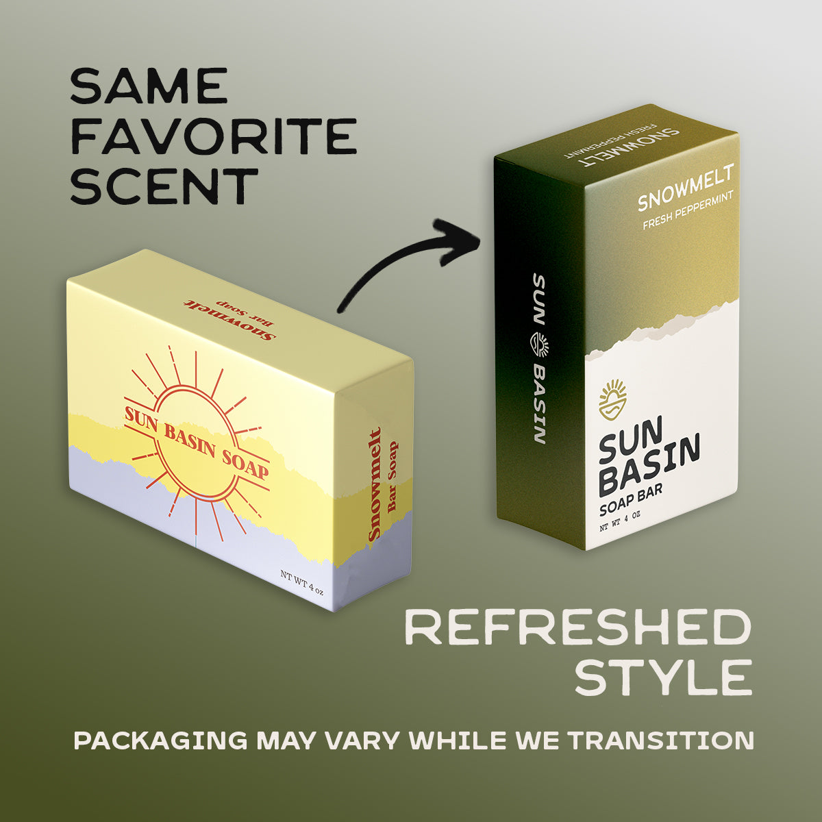 A graphic showing two Sun Basin Soap boxes with text reading 'SAME FAVORITE SCENT' and 'REFRESHED STYLE,' plus a note that packaging may vary while transitioning.