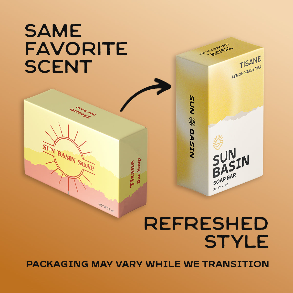 A promotional graphic showing two Sun Basin Soap boxes on a warm beige-to-orange gradient background. The left box is labeled 'Same Favorite Scent' with a yellow-to-pink design and an arrow pointing to the right box, which reads 'Refreshed Style' and shows a yellow-to-white design.