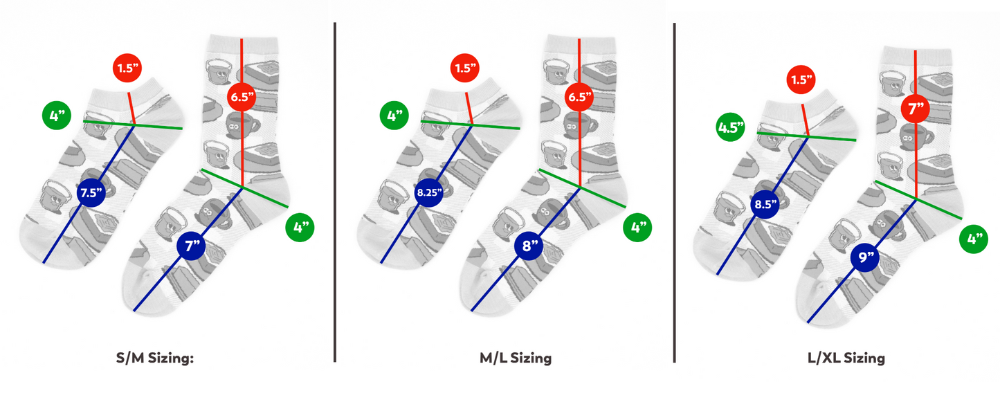 A sizing chart showing the S/M Sizing, M/L Sizing and L/XL Sizing for the Awesome Socks Club subscription.