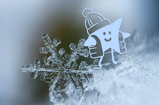 Image of Good Store's mascot, Dot, on a snowflake 