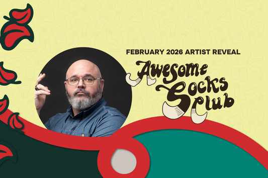 Image of Paul Kisling along with the Awesome Socks Club logo and text that reads "February 2026 Artist Reveal"