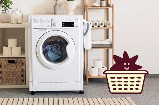 Good Store's mascot, Dot inside of a laundry basket next to a white laundry washer in a tidy laundry room