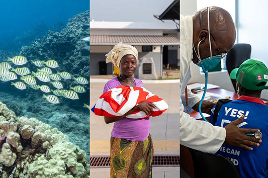 An image divided in three parts: fish swimming near coral reefs, a mother holding a new born wrapped in her countries flag, and a doctor checking on a patient
