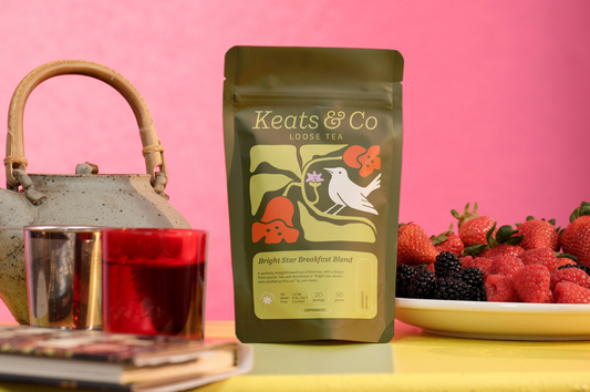 Image of a tea kettle, a mug of tea, a plate of berries, and a package of Keats & Co loose leaf tea, all on a yellow table with a pink background