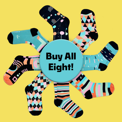 All eight pars of Hank's Cancer Socks are fanned out around a blue circle that reads "Buy All Eight!". An Awesome Socks Club product.