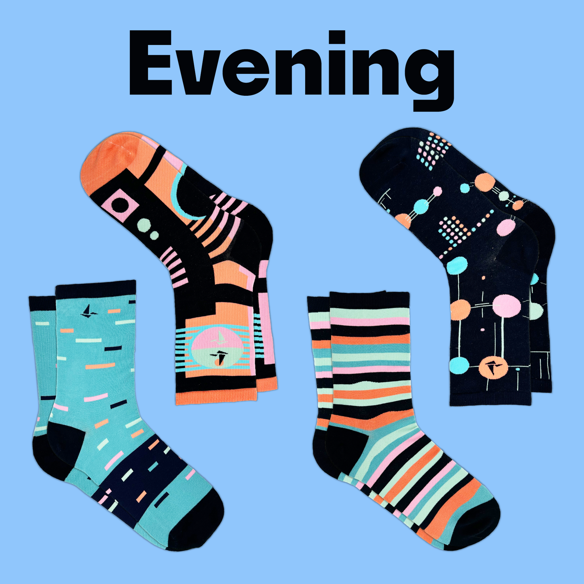 Four pairs of Hank's Cancer Socks in differing patterns with a similar color scheme lay in front of a light blue background with text that reads "Evening". An Awesome Socks Club product.
