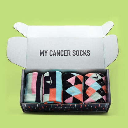 An open box of Hank's Cancer Socks in front of a green background. The inside of the box reads "My Cancer Socks". The socks lay in a single row of four and are differing patterns with similar color schemes. The side of the box reads "Hey! Thanks!". An Awesome Socks Club product.