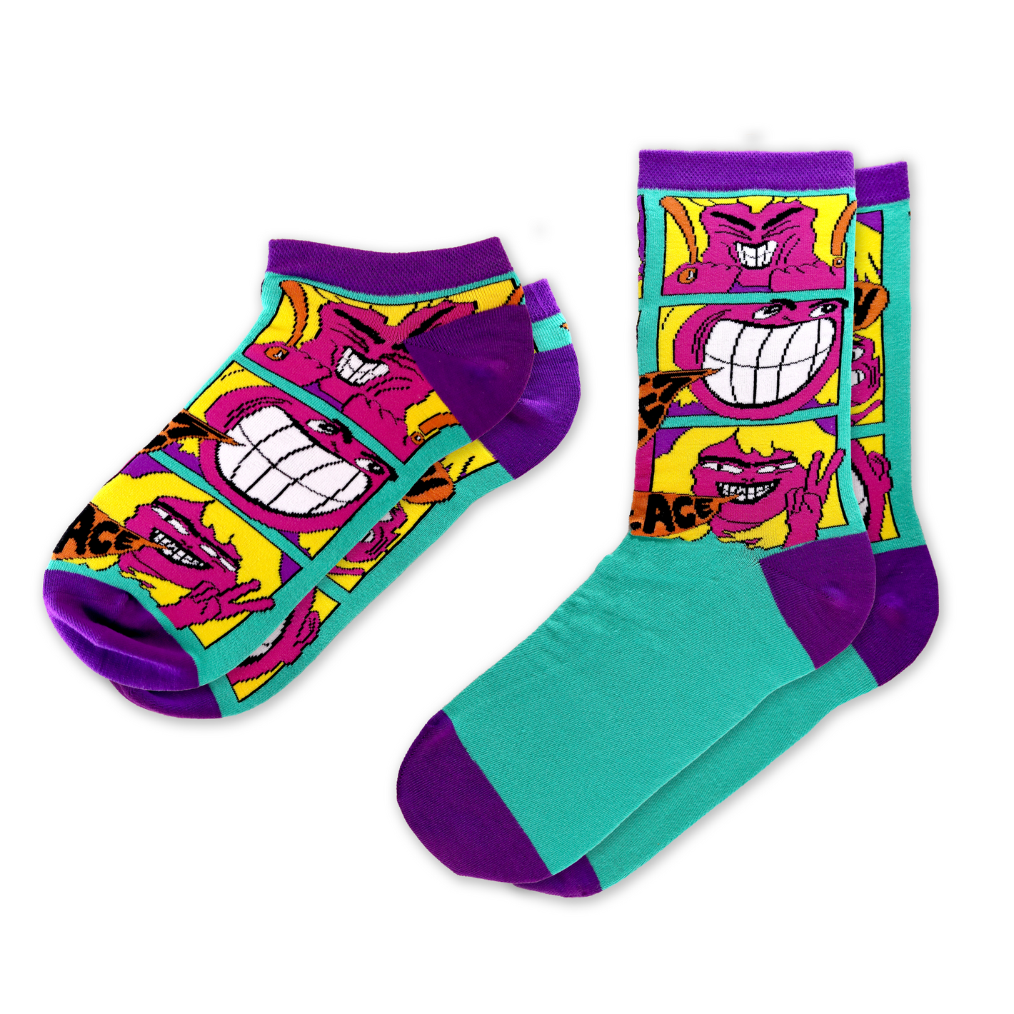 This image shows a pair of colorful, cartoon-style socks with a vibrant and eccentric design. The socks come in two lengths - one ankle-length and one crew-length. Pleased to Meet You - Awesome Socks Club. 
