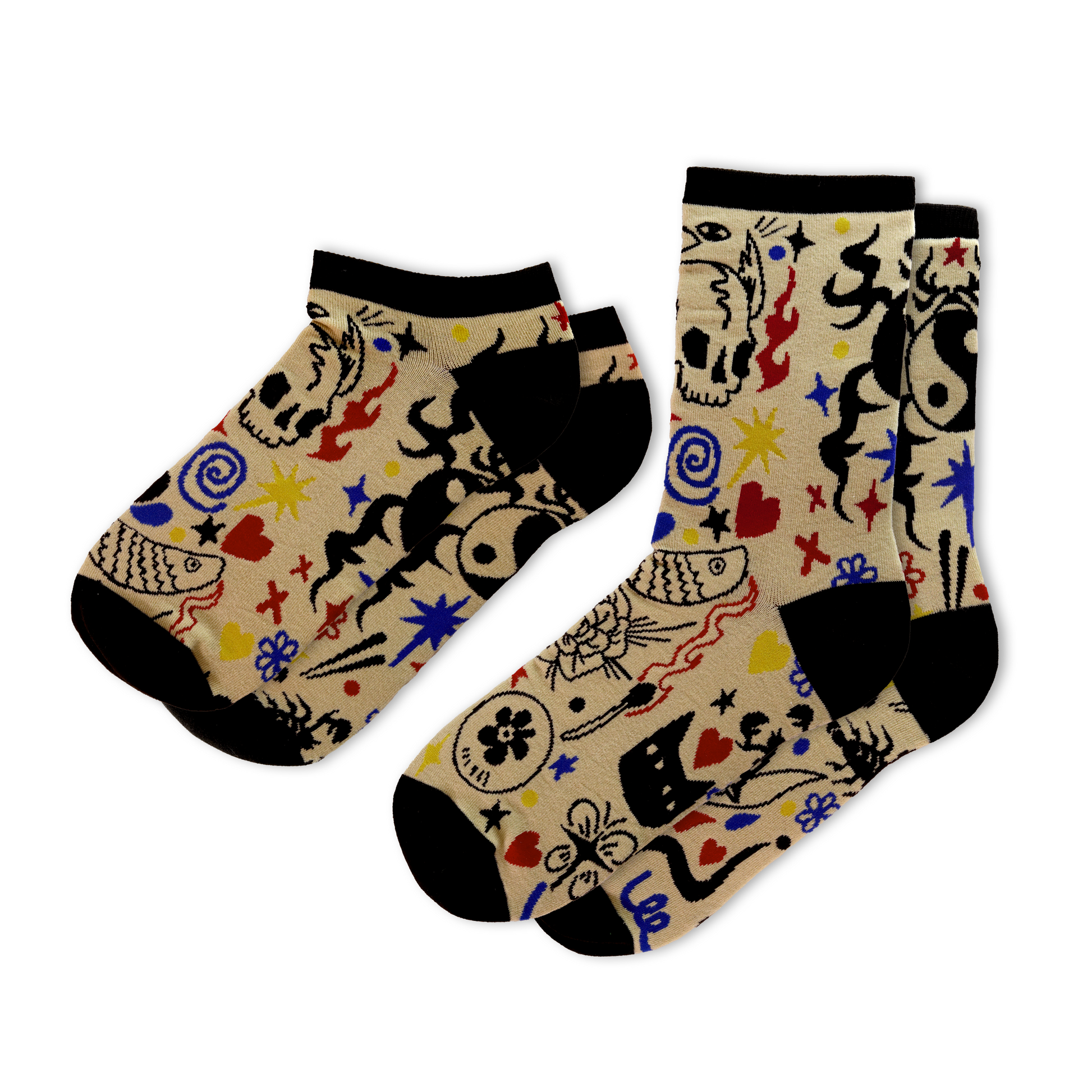 Colorful patterned socks with tattoo-style designs featuring skulls, hearts, fish, and abstract shapes on a beige background. One pair ankle-length, one crew-length, both with black trim. Sock & Poke - Awesome Socks Club