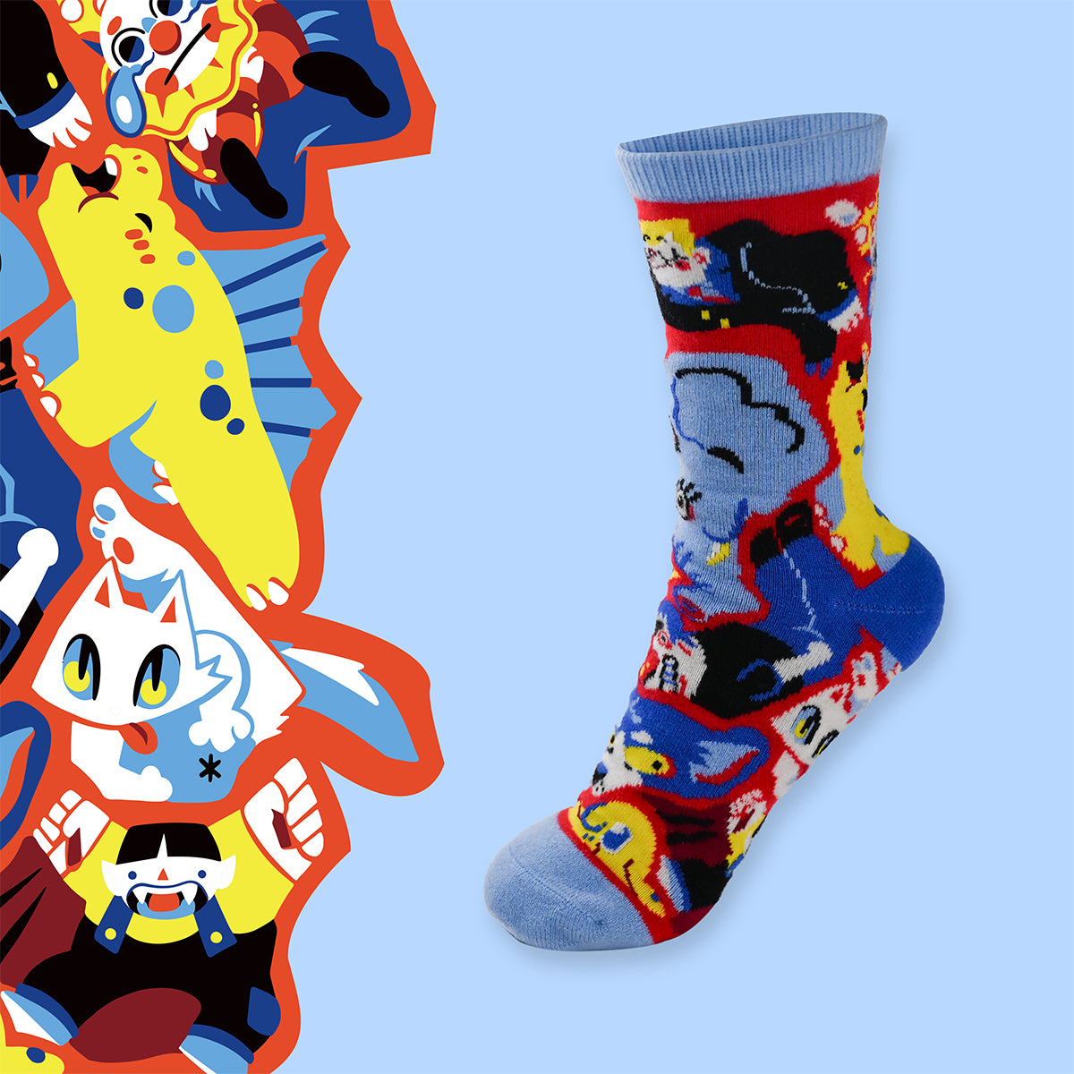 Colorful wool sock with cartoon character design on a light blue background