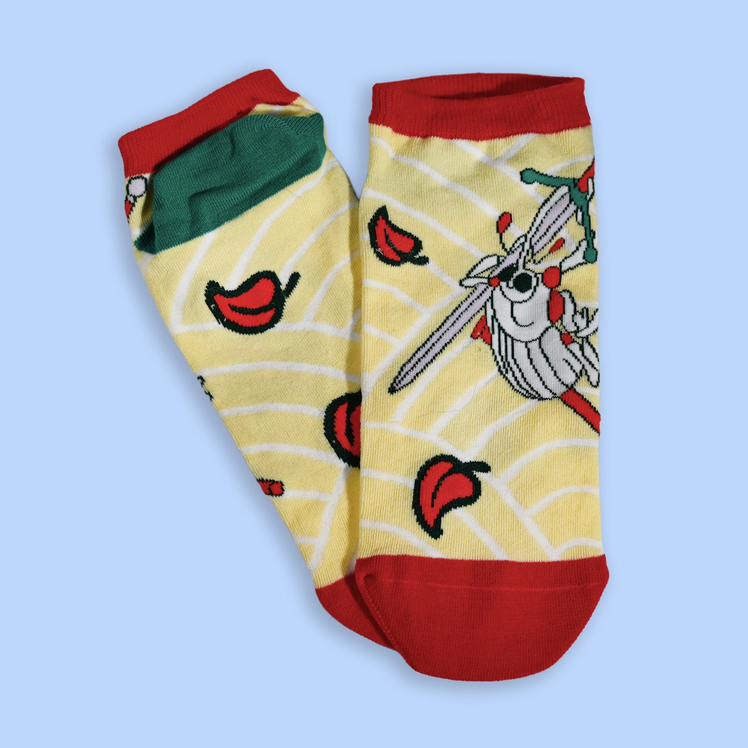 Pair of socks with cartoon design on a light blue background