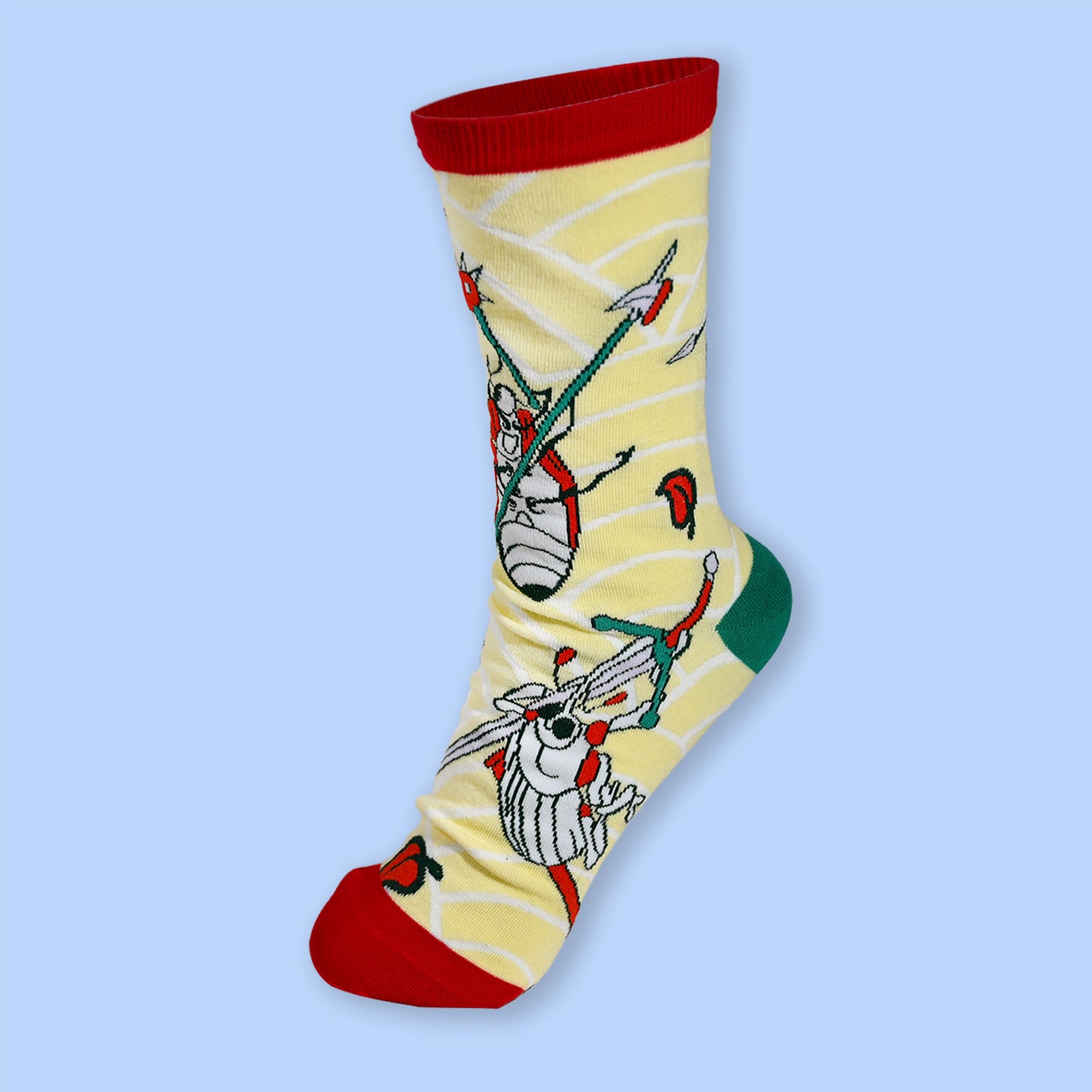 Colorful sock with cartoon design on a light blue background