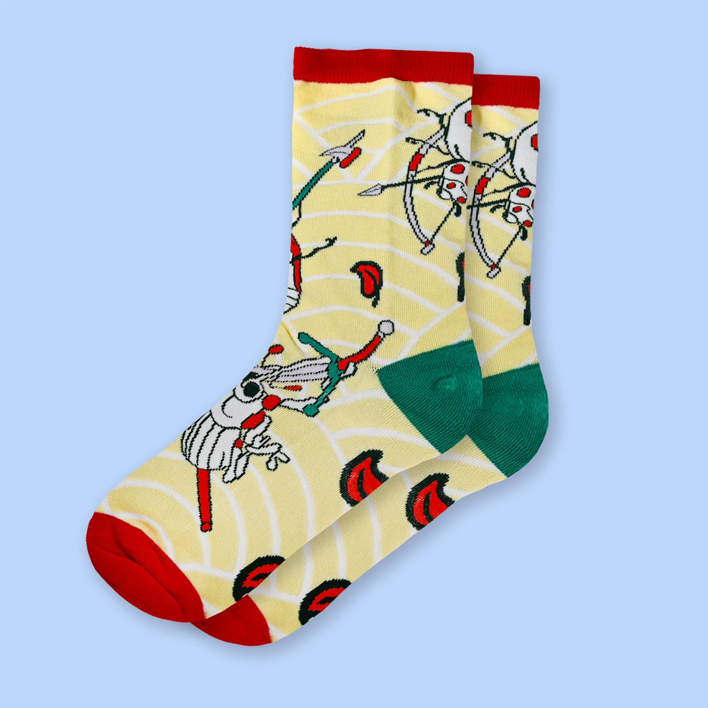Colorful socks with cartoon character design on a light blue background