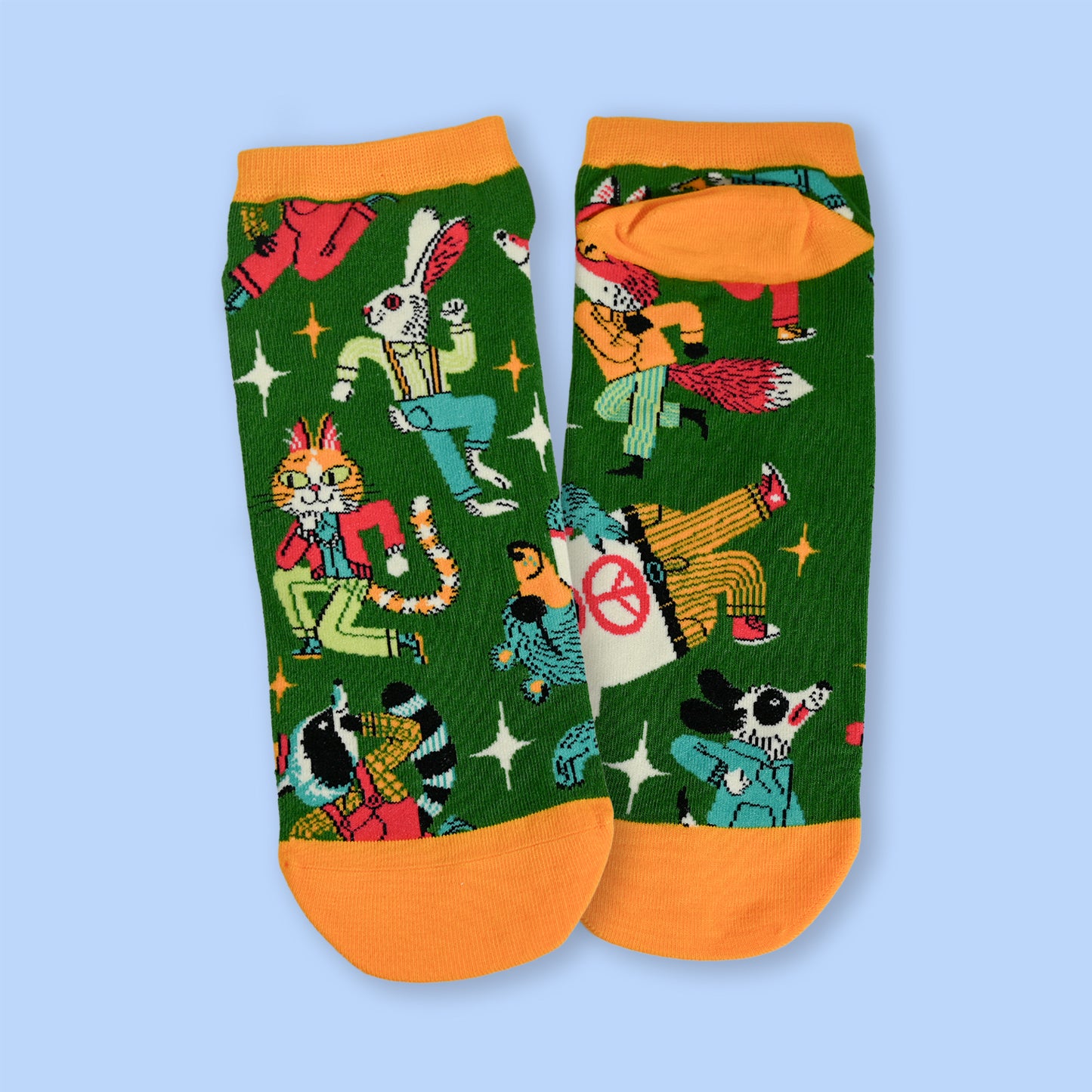 Colorful socks with animal-themed design on a light blue background