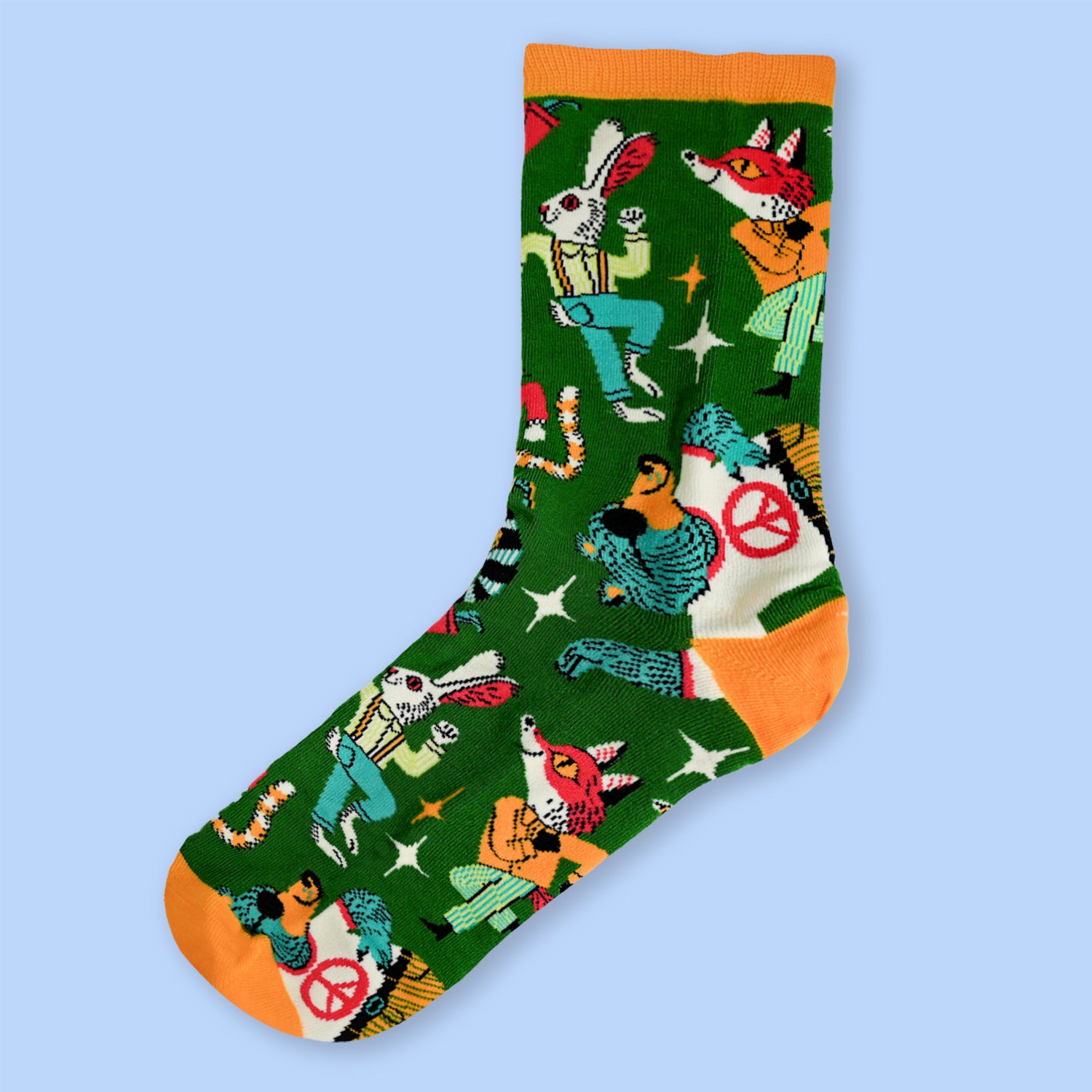 Colorful sock with animal pattern on a light blue background