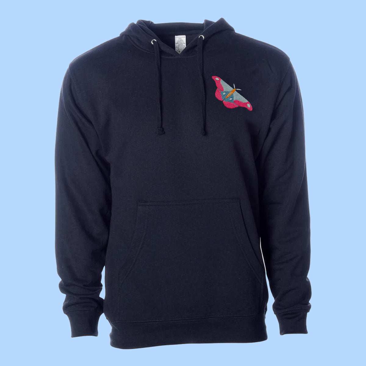 Navy blue hoodie with a small moth graphic on the chest against a light blue background