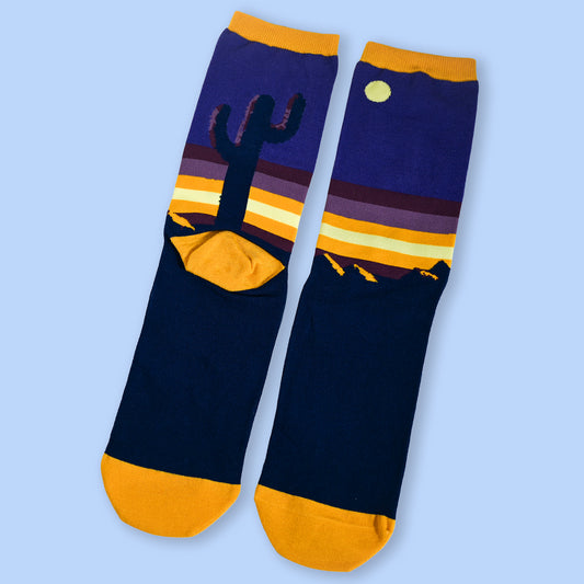 Pair of socks with a cactus design on a blue background