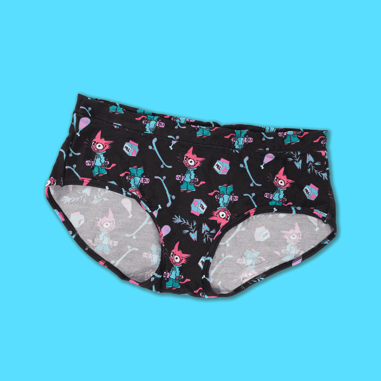 Black hipster underwear with a colorful cartoon character print, shown against a solid light blue background.