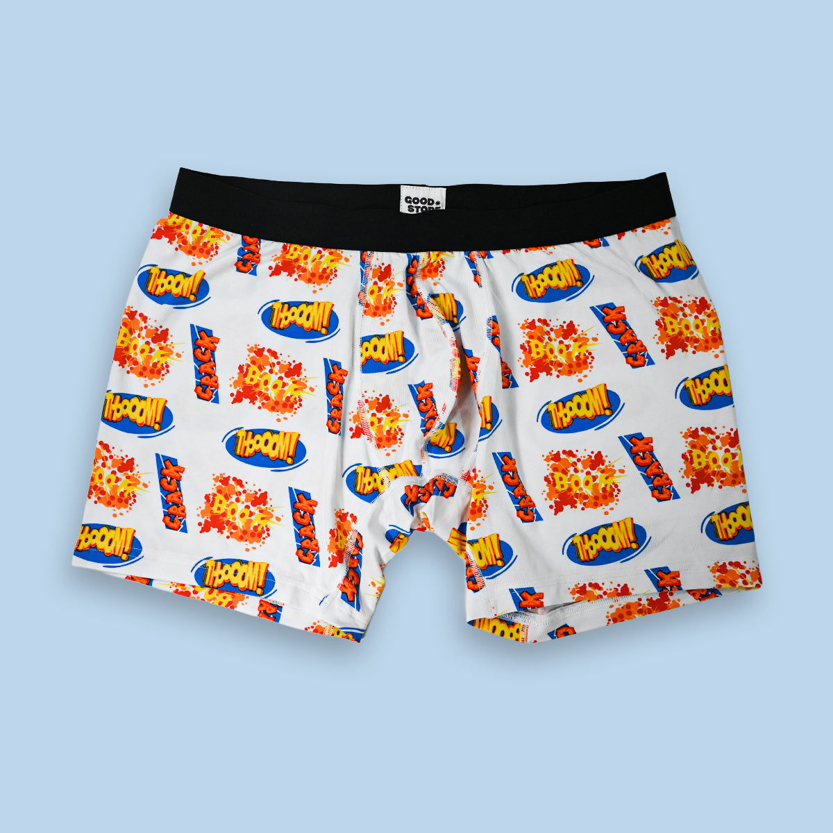 Boxer briefs with a colorful patterned design on a light blue background