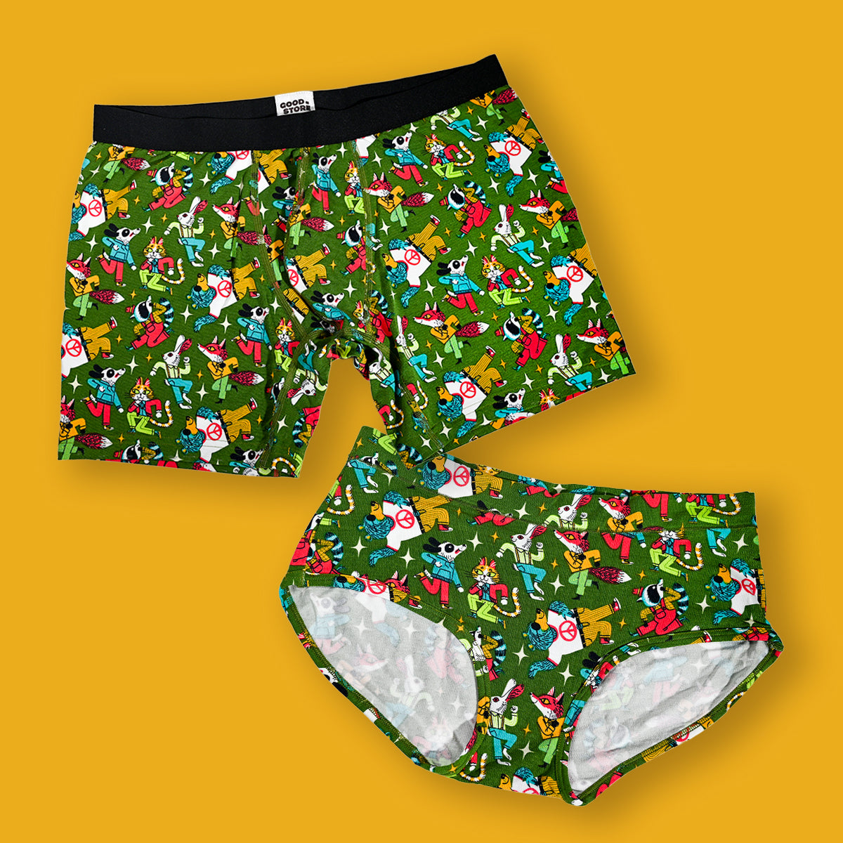 Colorful patterned boxer briefs on a yellow background