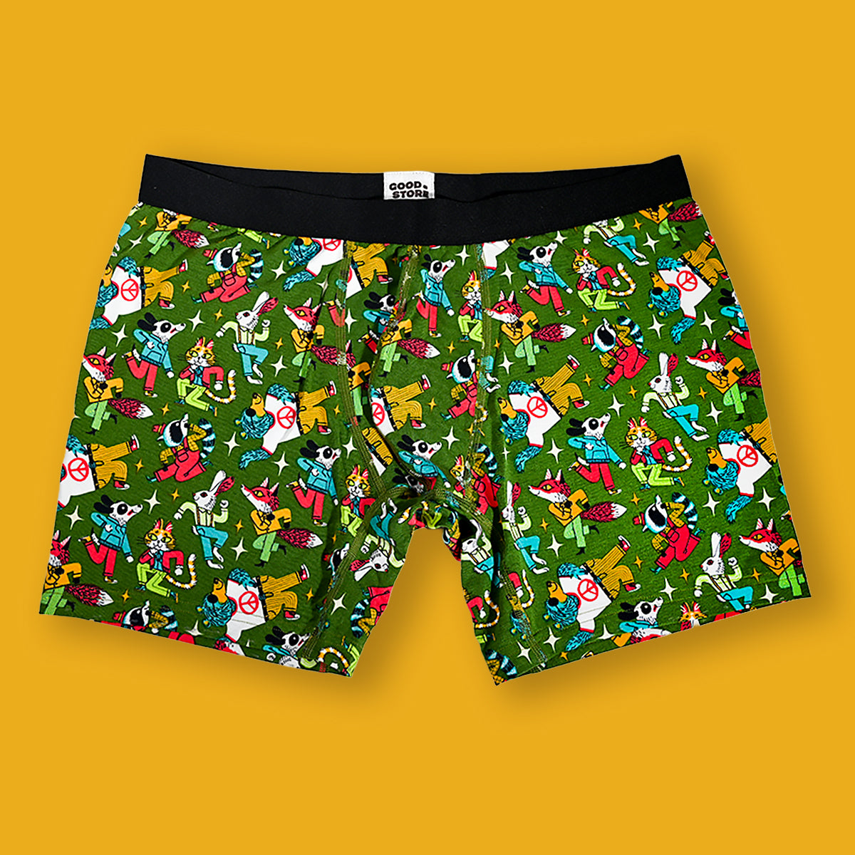 Colorful patterned boxer briefs on a yellow background