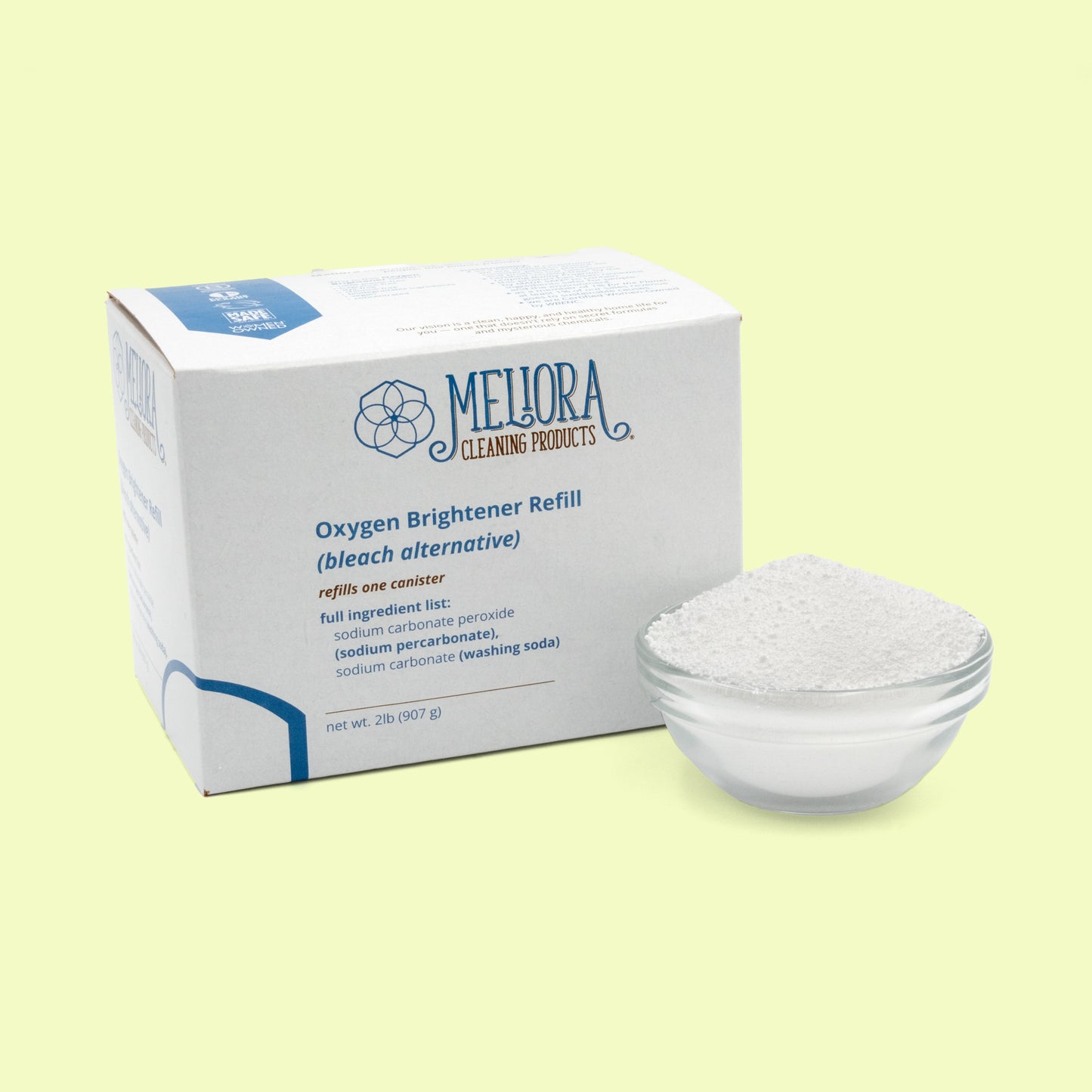 Meliora Cleaning Products Oxygen Brightener displayed against a pale yellow background. The cardboard box container shows the label "Oxygen Brightener (bleach alternative)" and lists ingredients including sodium carbonate peroxide and washing soda. The product is advertised as plastic-free, dye-free, and fragrance-free. Next to it is a small bowl filled with white powder. Oxygen brightener bleach alternative from EcoGeek a Good Store product.