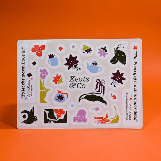 A white rectangular sticker sheet featuring colorful botanical and abstract illustrations, with the text 'Keats & Co' in the center and poetry quotes from John Keats on the left and right sides. The sheet is photographed against a solid orange background.