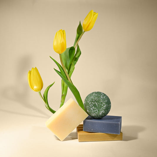 Three bars of soap with a green shampoo bar and yellow tulips on a beige background