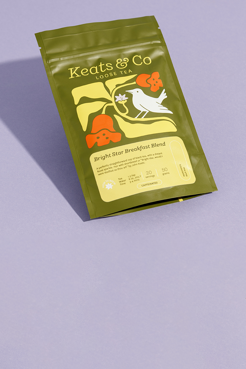 Keats & Co tea package on a purple background