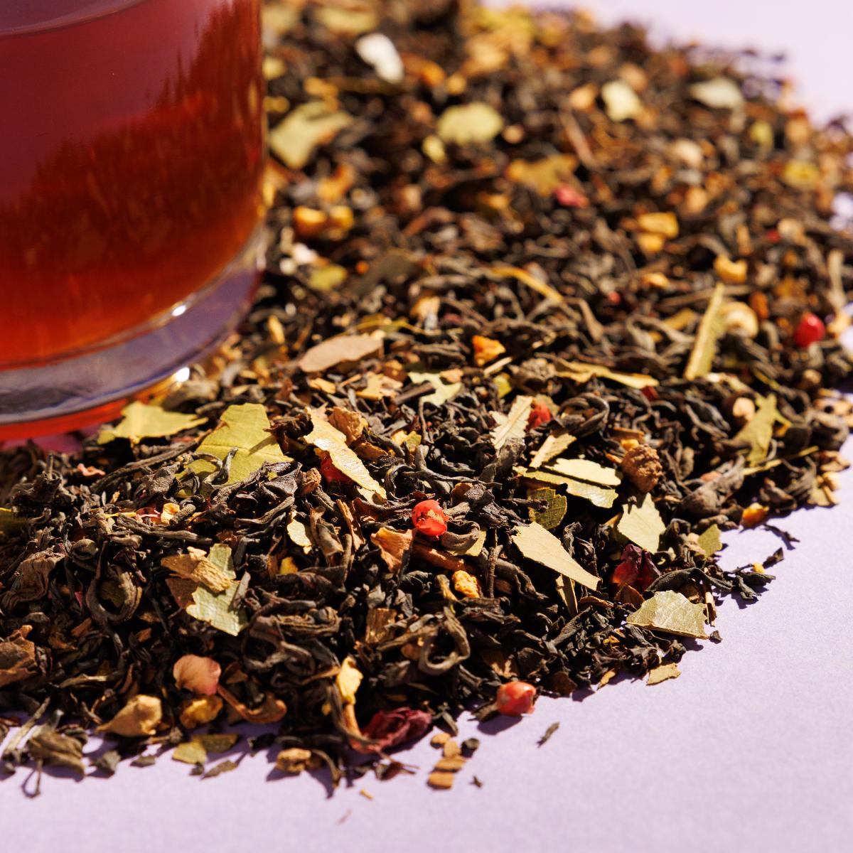 Close up of Golden Moon loose herbals and tea leaves.