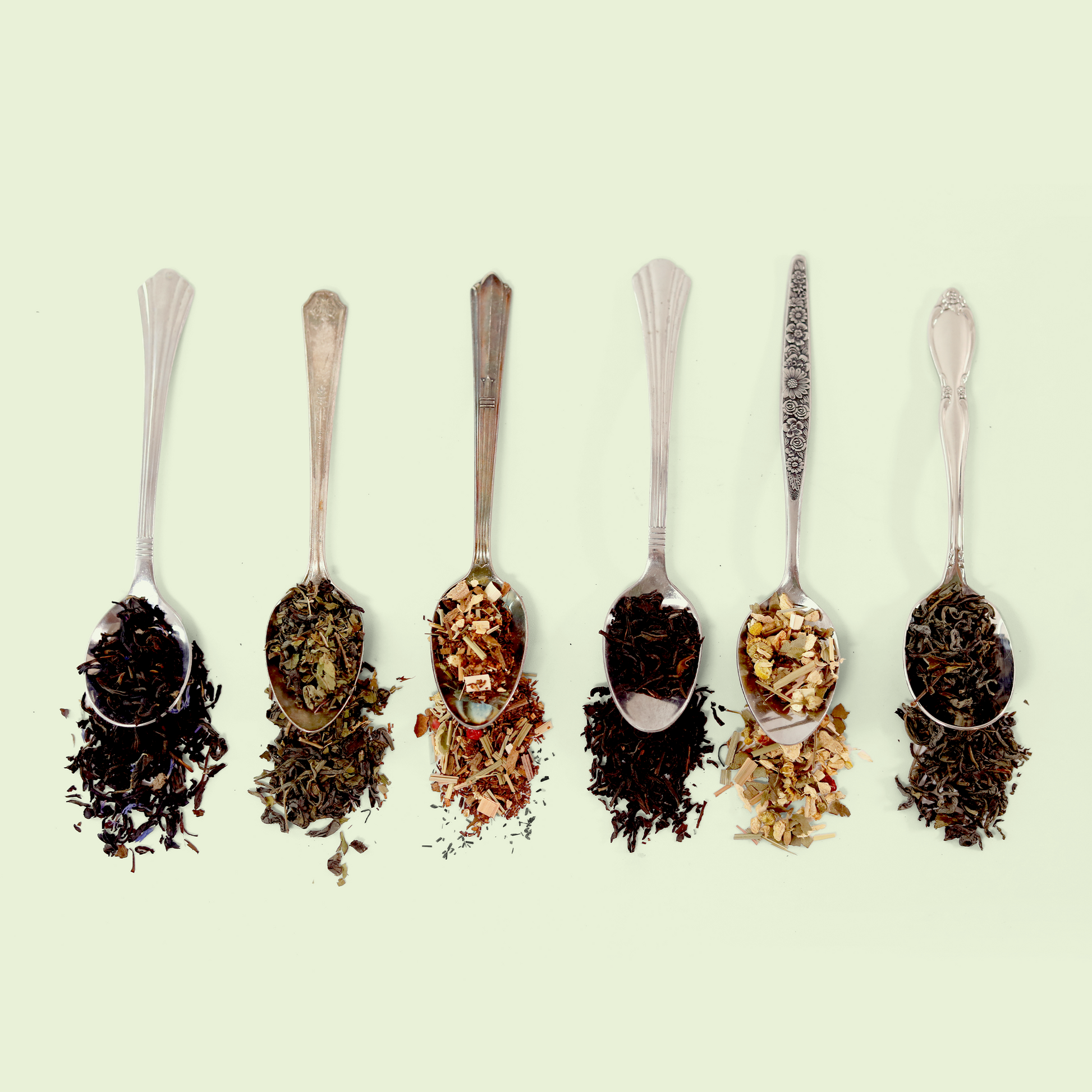 Six spoons are lined up on a light green background, each with different colored loose tea leaves sitting in and spilling out of the spoon. A Good Store product. 