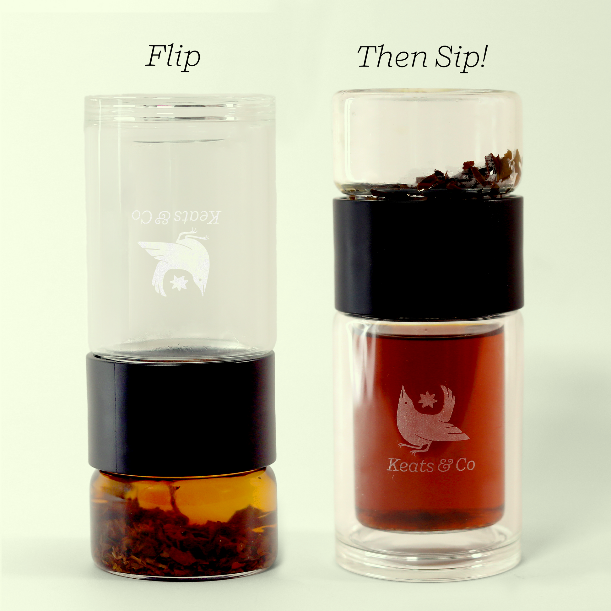 A clear glass double-walled jar flipped upside down with tea inside and text above that reads "Flip". Next to it sits right side up with tea in the bottom and tea leaves in the top with text above that reads "Then Sip!". A Good Store product. 