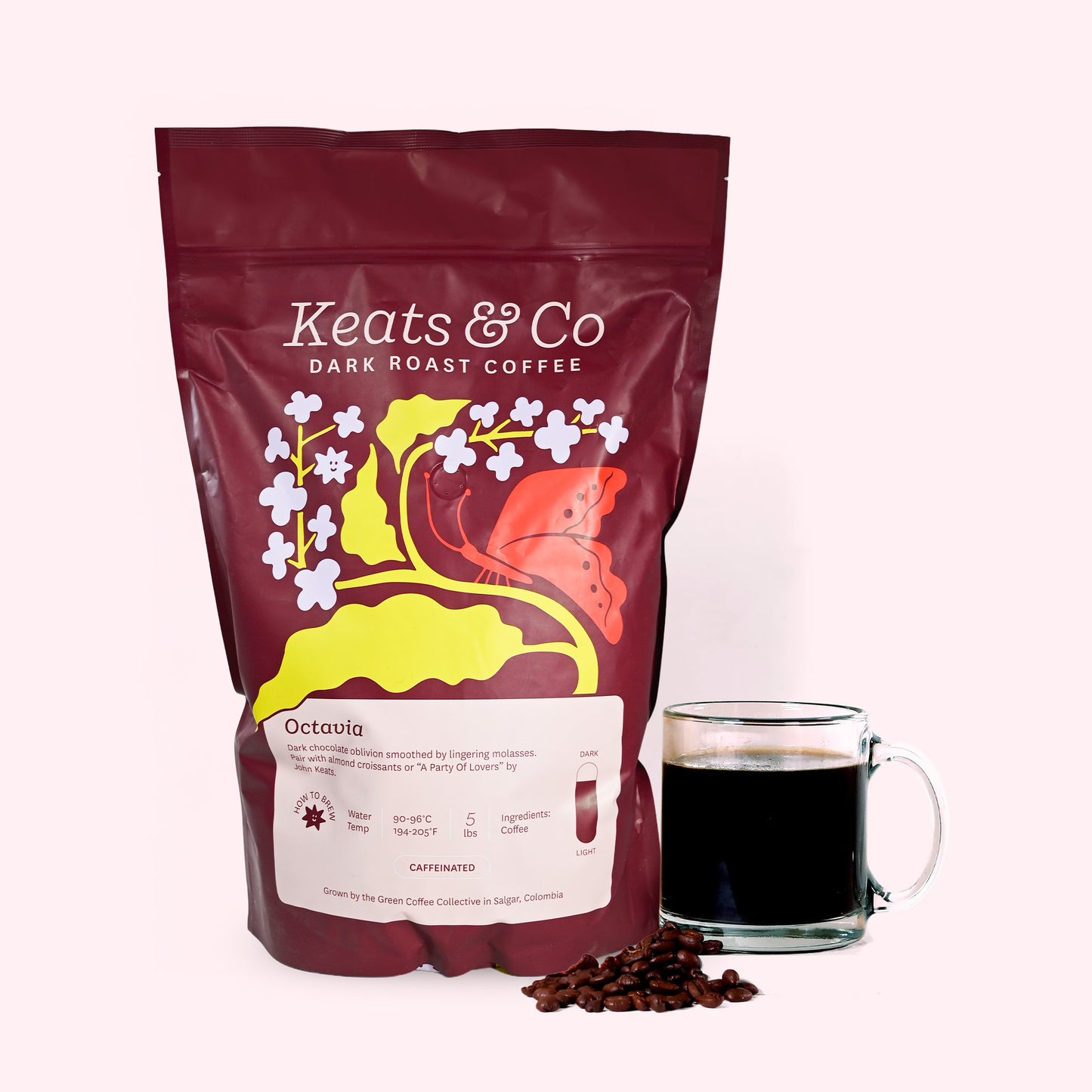 Photo of 5lb bag of Octavia, dark roast coffee from Keats & Co next to a mug of coffee.