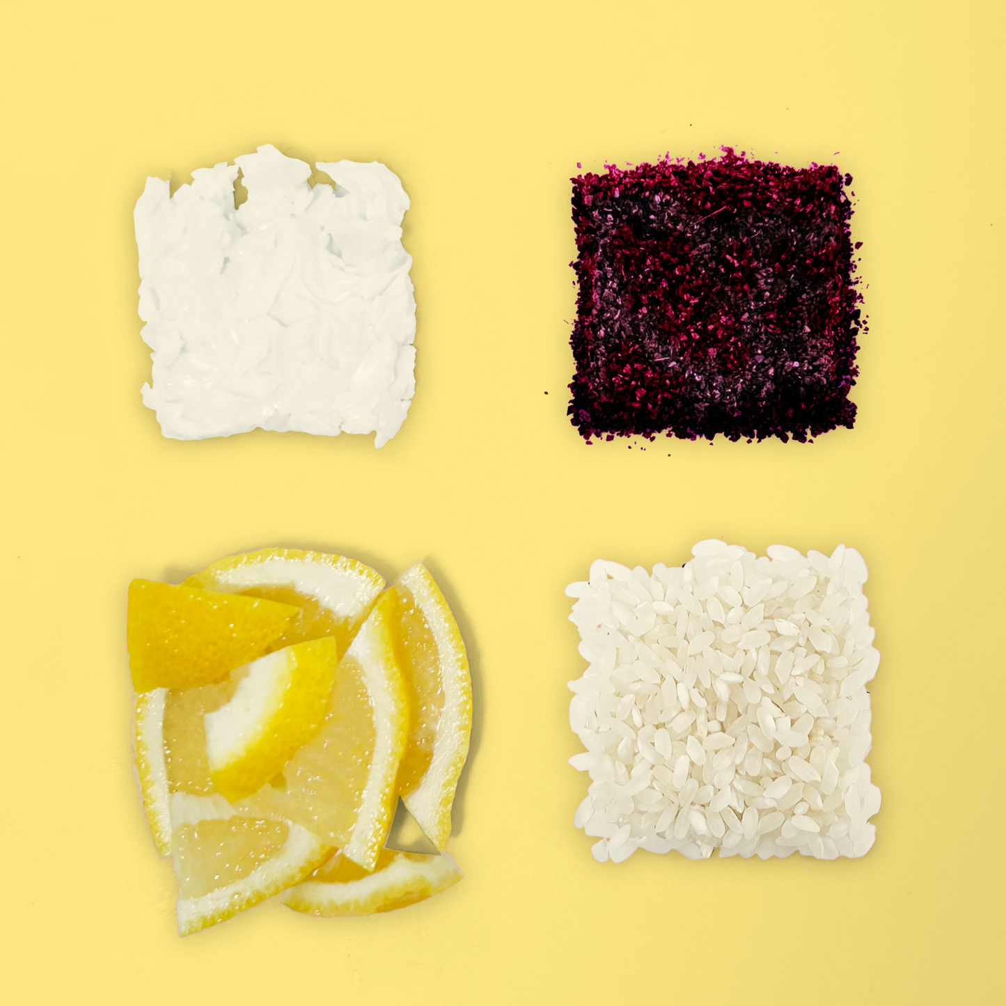 Four different squares of different ingredients that make up the Bloom Shampoo Bar. 