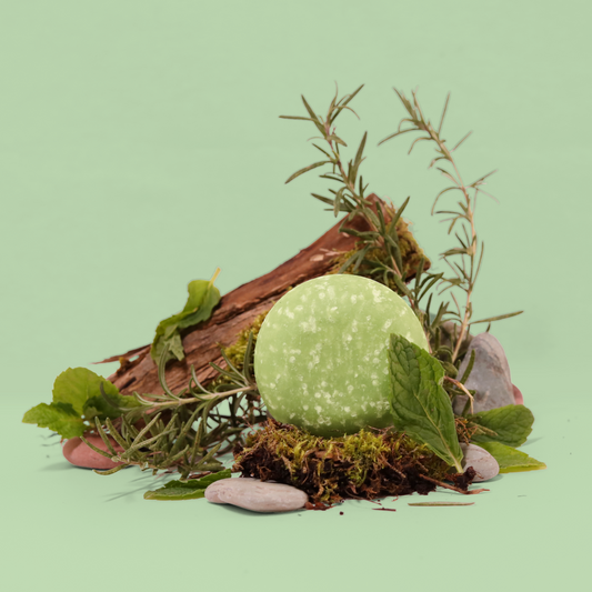 The Dew Drop Shampoo bar sits on top of a piece of moss surrounded by rosemary, mint, small rocks and sticks. A Good Store product. 