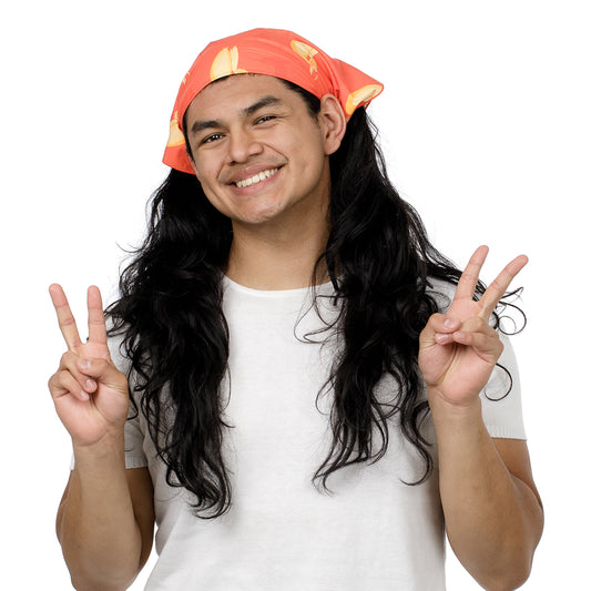 A man with long black hair wearing a bright orange bandana with yellow patterns and a white t-shirt, posing with peace signs against a solid white background.