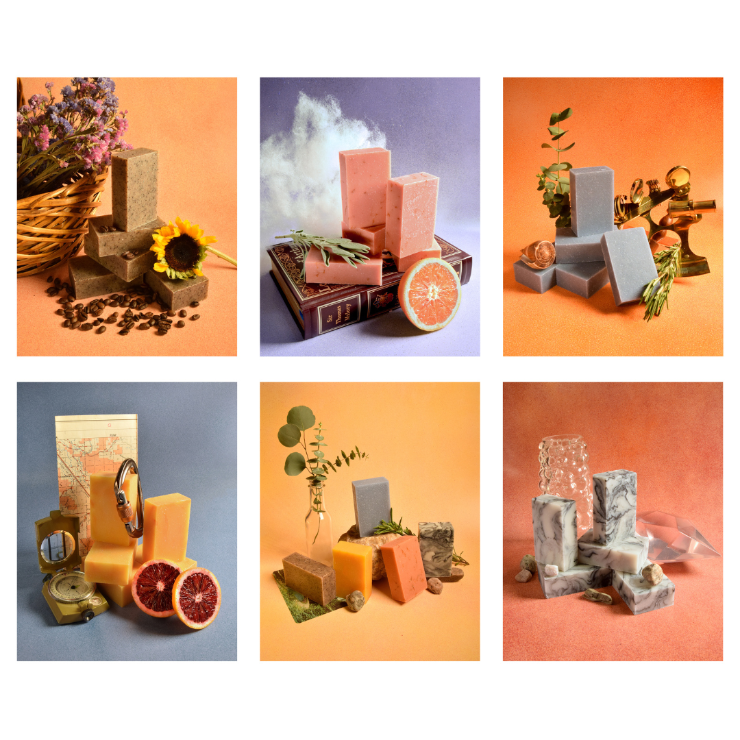 A photo grid of six colorful photos showing the different soaps from Sun Basin Soaps. A Good Store subscription product.