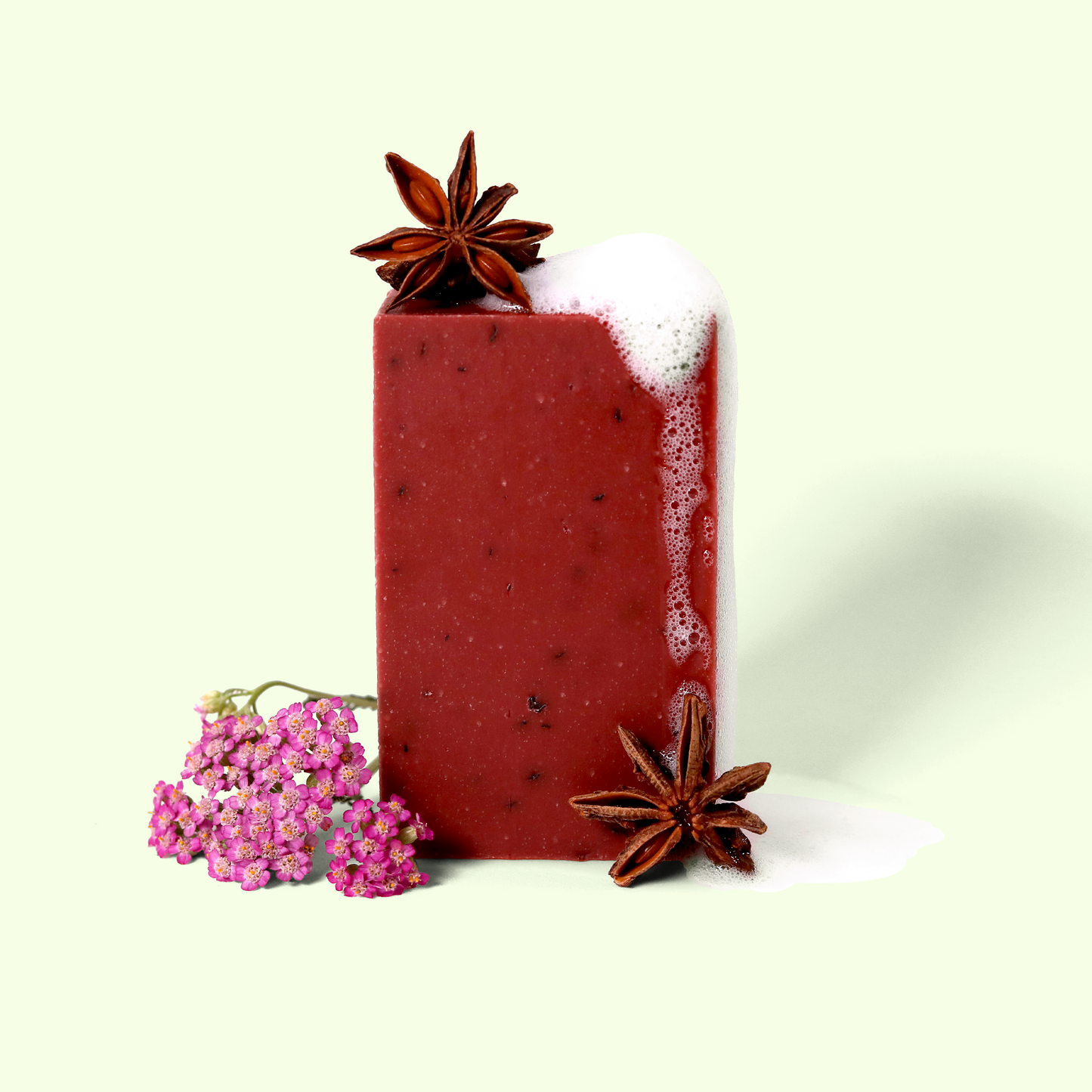 A red rectangular bar of soap with visible specks, partially covered in foam. Star anise pods rest on top and beside it. Pink yarrow flowers are placed at the base, creating an artisanal, natural soap composition. Sun Basin Soap - Good Store.