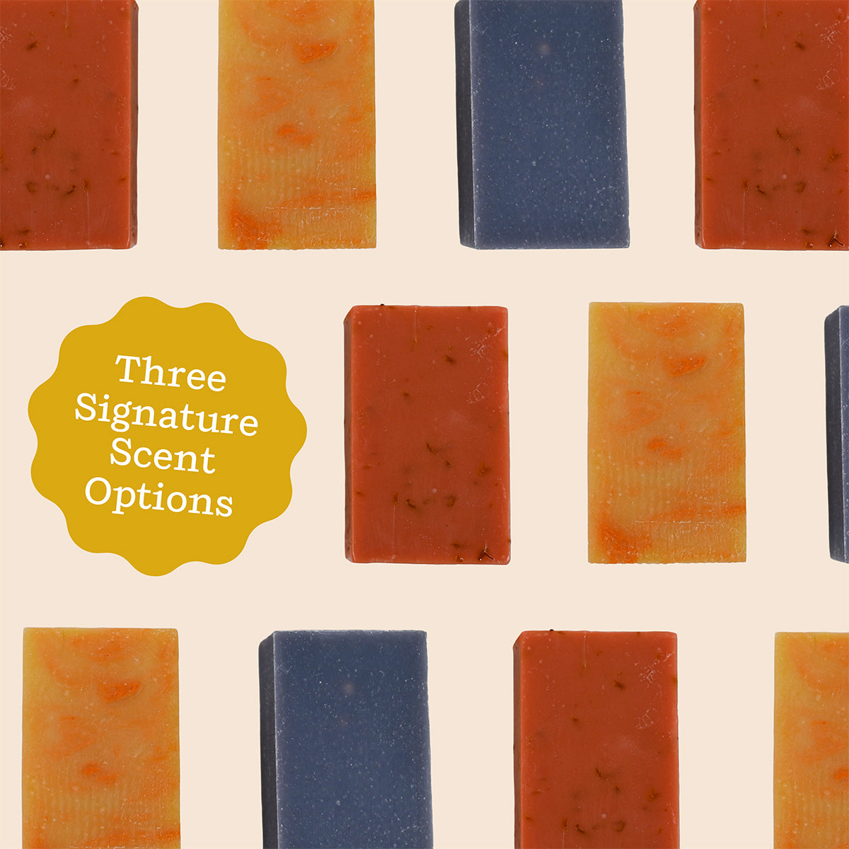 Pattern of colored soap bars with a yellow label indicating 'Three Signature Scent Options' on a beige background.