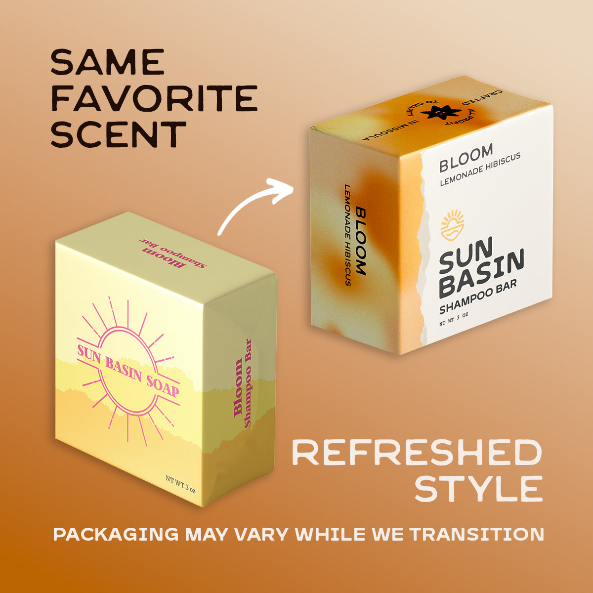 Two Sun Basin shampoo bar boxes shown on a warm beige-to-brown gradient background with promotional text. The left box is pale yellow with pink sunburst and scent text, labeled 'Same Favorite Scent.